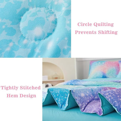 RYNGHIPY Queen Girls Comforter Set Colorful Rainbow Bed in A Bag for Girls Kids 6 Piece Ombre Galaxy Glitter Bedding Set