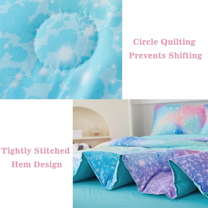 RYNGHIPY Full Girls Comforter Set Colorful Rainbow Bed in A Bag for Girls Kids 6 Piece Ombre Galaxy Glitter Bedding Set