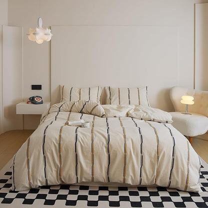 VM VOUGEMARKET Black Orange Striped Duvet Cover Set Yarn-Dyed Cotton Linen Like Textured Bedding Set Jacquard Stripes Duvet Cover with 2 Pillowcase-Queen,90"x90"