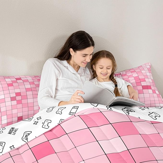 Pixelated Blocks Miners Comforter Set King Size,Video Games Game Gamepad Kids Bedding Set,Geometric Grid Patchwork Quilt Comforter,Pink Duvet Insert,2 Pillowcases