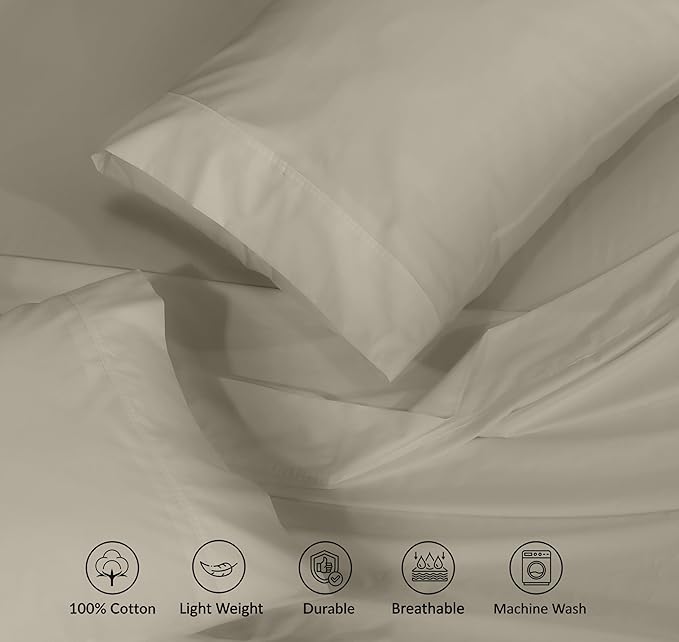 RUVANTI 100% Cotton Sheets – Queen Size Percale Bedding, Cooling & Breathable, Durable with a Crisp, Soft & Comfortable Feel, 16" Deep Pocket, 4-Piece Set, Taupe