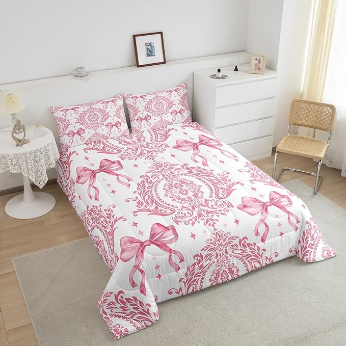 Feelyou Girls Pink Bowknot Comforter Set Full Size Gothic Damask Comforter Victorian-Themed Bedding Set Baroque Duvet Set Vintage Floral Quilt Set 3Pcs