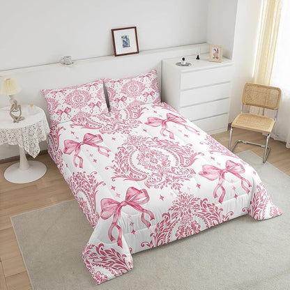 Feelyou Girls Pink Bowknot Comforter Set Full Size Gothic Damask Comforter Victorian-Themed Bedding Set Baroque Duvet Set Vintage Floral Quilt Set 3Pcs