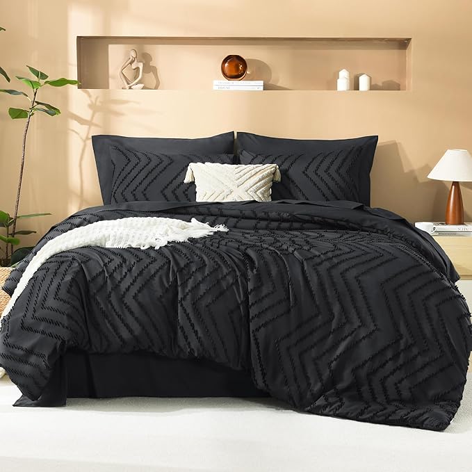 Litanika Black Queen Size Comforter Set with Sheets - 7 Pieces Bed in a Bag Queen Tufted Complete Bedding Sets with Comforter, Sheets, Pillowcases & Shams