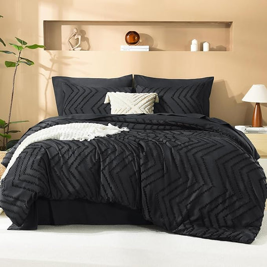 Litanika California King Comforter Set with Sheets Black - 7 Pieces Bed in a Bag Cal King Boho Tufted Complete Bedding Sets with Comforter, Sheets, Pillowcases & Shams