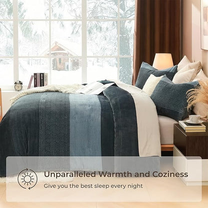 Litanika Fluffy Fleece Queen Comforter Set, Luxury Soft Plush Fuzzy Haze Blue Stripe Bedding Comforter Sets, Warm Shaggy Faux Fur Bed Set All Season (1 Comforter, 2 Pillowcases)