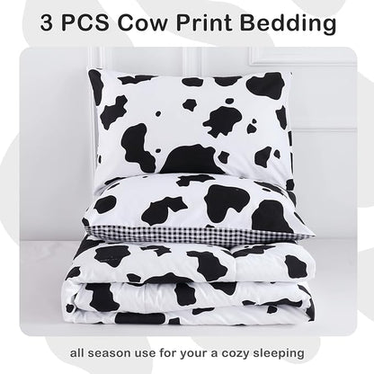 PERFEMET 3Pcs Cow Print Comforter Set King Size Black and White Cute Geometric Cow Bedding Set Soft Reversible Plaid Grid Bed Quilted Set for Kids Teens Boys Girls