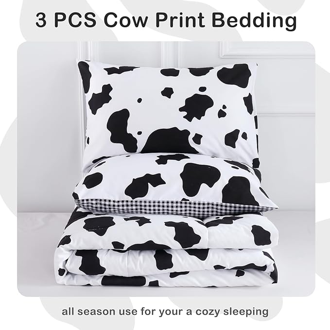 PERFEMET Cow Print Twin Comforter Set for Boys 3 Pieces Black White Teen Boy Bedding Sets Reversible Plaid Kids Bed Set for Teens Girls (Twin, Black and White)