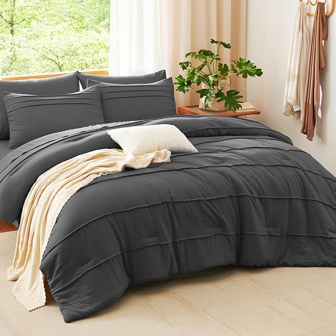 CozyLux Queen Comforter Set Dark Grey, 7 Pieces Soft Pinch Pleat Bed in a Bag Queen Comforter Set with Sheets, Boho Bed Set with Down Alternative Comforter, Sheets, Pillowcases & Shams