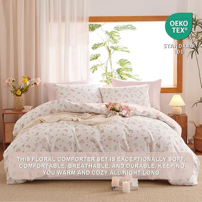 Floral Comforter Set Twin Size - 2 Pieces Pink White Floral Comforter Bedding Sets Reversible Pattern,Twin Bed in a Bag with Flowers Comforter and 1 Pillowcase