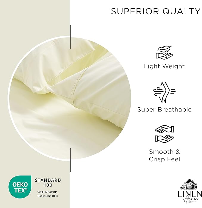 Linen Home 100% Cotton Percale Pillowcases King Size, Cream, 2 Pieces of Pillow Case, Crisp and Cool Strong Bed Linen, 20 inches X 40 inches
