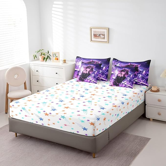 Erosebridal Kids Anime Girl King Comforter Set 7 Piece, Japanese Anime Bed in A Bag, Cartoon Girl Bedding Comforter Sets for Boys Teens Bedroom Decor, Kawaii Japanese Animation Bed Set