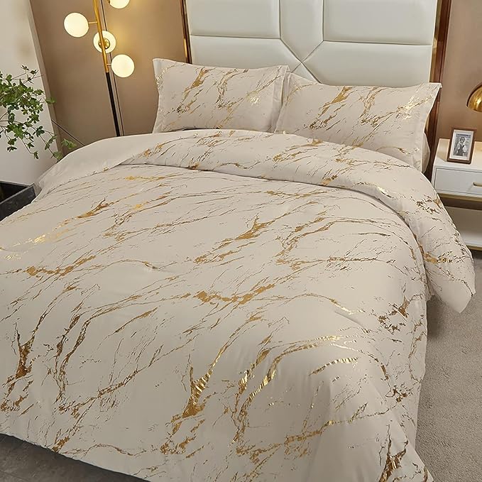 WONGS BEDDING Gold Metallic Marble Khaki Comforter Set California King Foil Print Glitter Bedding Sets with 2 Pillowcases for All Seasons, Soft Microfiber Filling Bedding Duvet Set 104"x96"