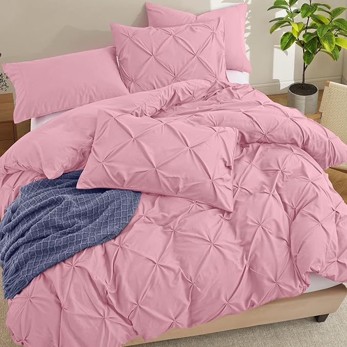 VACVELT 5 Piece Pinch Pleated Duvet Cover King Size Set, Pink Pintuck Duvet Cover with Zipper & 8 Ties, Shabby Chic Microfiber Duvet Cover + 2 Pillow Shams + 2 Pillowcases, No Comforter