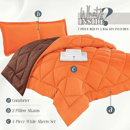 Elegant Comfort 7-Piece Bed-in-a-Bag - Luxury 1500 Thread Count, Cozy Sheets & Comforter Set, Wrinkle & Stain Resistant, Orange/Brown