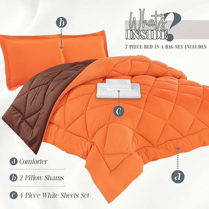 Elegant Comfort 7-Piece Bed-in-a-Bag Comforter & Sheet Set - Luxury 1500 Thread Count Full Size, Super Cozy, Wrinkle and Stain Resistant - Orange/Brown