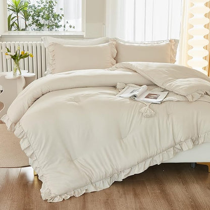 Litanika Comforter Twin Size Set Beige, 2 Pieces Ruffle Lightweight Bedding Comforter Set, Fluffy Bed Set (66x90In Comforter, 1 Pillowcase)