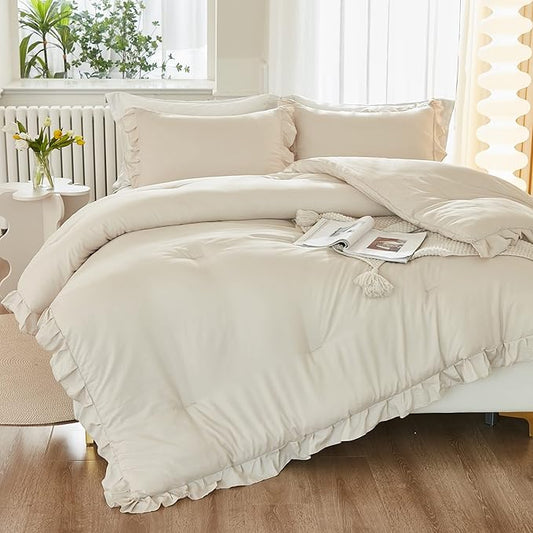 Litanika Comforter Twin Size Set Beige, 2 Pieces Ruffle Lightweight Bedding Comforter Set, Fluffy Bed Set (66x90In Comforter, 1 Pillowcase)