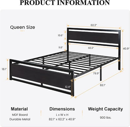 SHA CERLIN Heavy Duty Queen Size Bed Frame with Modern Headboard, Black | Platform Metal Base with Square Footboard and 13 Strong Slats Support, No Box Spring Needed