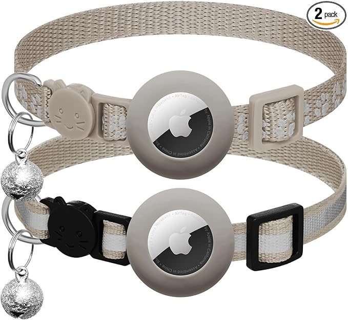 2 Pack Airtag Cat Collar Breakaway with Bell,Reflective Kitten Collar with Apple Airtag Cat Collar Holder,Adjustable 7-12In,Safety Buckle for Girl Boy Cats,Pet Supplies,Accessories,Gifts (Gray)