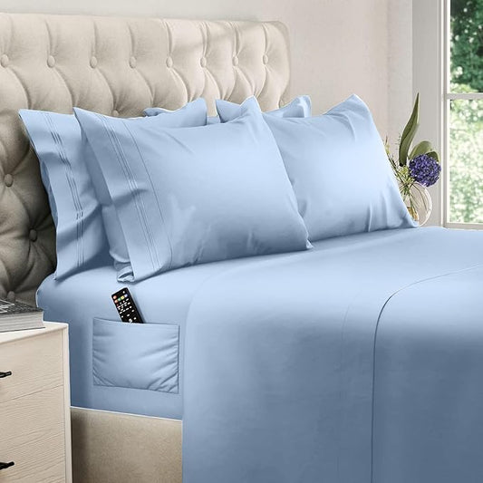 DREAMCARE Sheets Full Size Bed - Cooling Bed Sheets - 6pcs Set - Full Sheet Set - Full Size Sheets - Full Size Sheet Sets Soft & Long Lasting 100% Fine Brushed Polyester with Side Pocket - Light Blue