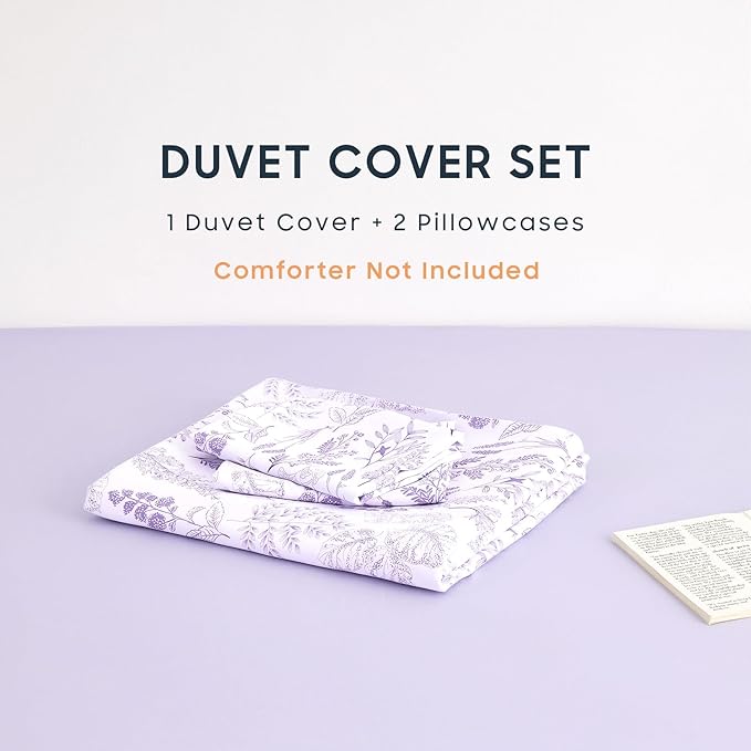 Wake In Cloud - Floral Duvet Cover Set, Botanical Vintage Flower Coquette Cottagecore Aesthetic for Women Teen Girls, Soft Lightweight Bedding, 3-Piece, Lilac, Queen Size