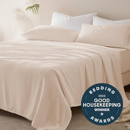 SLEEP ZONE Nanotex Super Soft Cooling King Bed Sheets Set 4 Piece - Easy Care Fitted Flat Sheet & Pillowcase Sets - Wrinkle Free, Fade Resistant, Deep Pocket 16" (Beige, King)