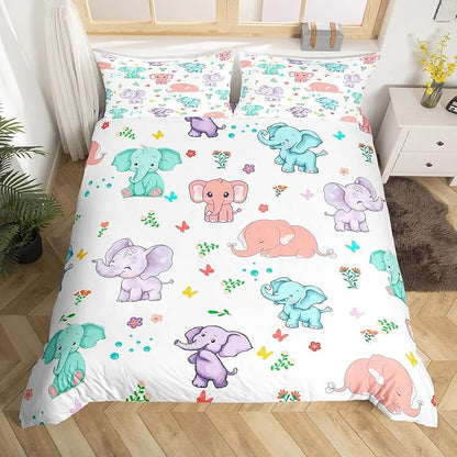 Cartoon Elephant Bedding Set King Size,Watercolor Flowers Leaves Butterfly Duvet Cover with 2 Pillowcase for Teens Adults,Cute Wild Animal Elephants 3 Pieces Decorative Comforter Cover,No Comforter