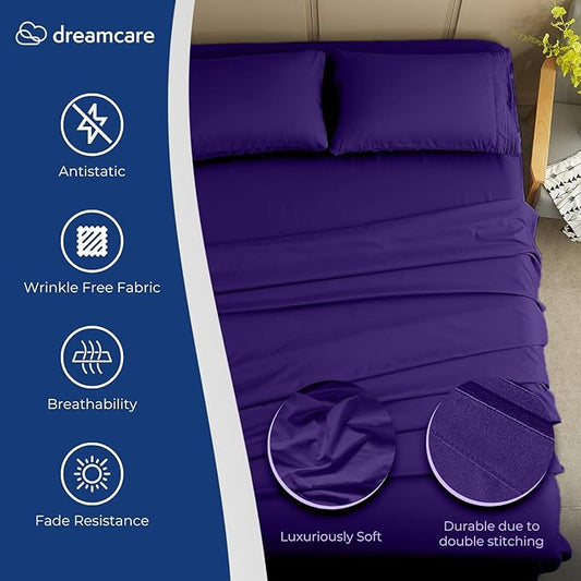 DREAMCARE Full Size Sheets - Cooling Bed Sheets - 4pcs Set - up to 15" Deep Pocket Full Sheet Set - Sheets Full Size Bed - Soft & Long Lasting 100% Fine Brushed Polyester with Side Pocket - Purple