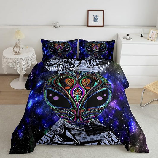 Feelyou Alien Printed Comforter Kids Galaxy Outer Space Themed Bedding Set Boys Girls Trippy Alien Hippie Skull Decor Comforter Set Colorful Tie Dye Quilted Duvet Bedroom Bed Set Toddler Size