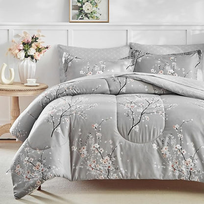 AIKASY Bed in a Bag 6 Pieces Twin Size - Floral Print - Soft Microfiber, Reversible Bed Comforter Set (1 Comforter, 2 Pillow Shams, 1 Flat Sheet, 1 Fitted Sheet, 1 Pillowcases)（Grey, Twin）