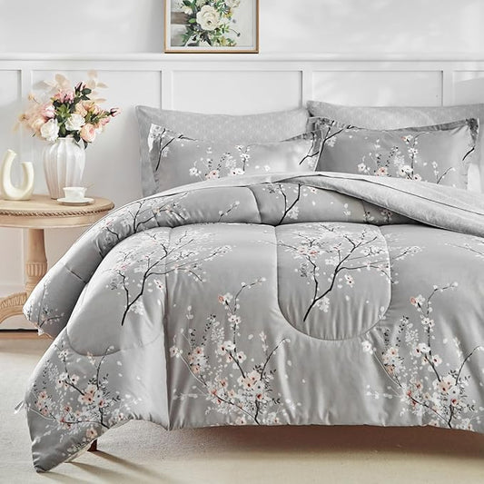 AIKASY Bed in a Bag 6 Pieces Twin Size - Floral Print - Soft Microfiber, Reversible Bed Comforter Set (1 Comforter, 2 Pillow Shams, 1 Flat Sheet, 1 Fitted Sheet, 1 Pillowcases)（Grey, Twin）