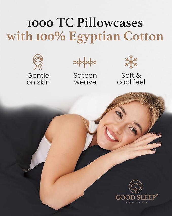 1000 TC Dark Gray King Pillowcases Set of 4 100% Egyptian Cotton Pillow Cases with Long Staple Cotton & Sateen Weave, Silky Soft Hotel - Like Bed Pillow Covers for Comfy Sleeping, Snug Fit