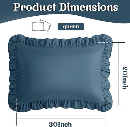 KKJIAF Ruffle Pillow Cases Queen Size Set of 2, Ruffled Pillow Covers with Envelope Closure, Wrinkle Resistant Ruffled Pillow Shams 20" x 30", Dark Blue