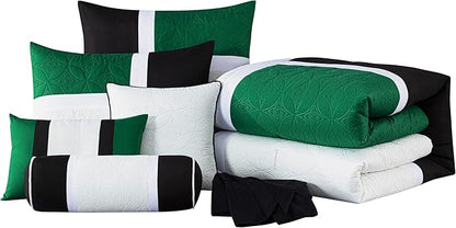 Chezmoi Collection Upland 7-Piece Quilted Patchwork Comforter Set, Green/Black/Cream White, King