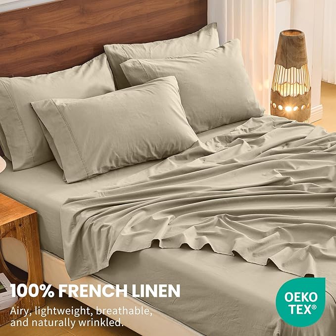 Bedlifes 100% French Linen Sheets California King Size 18-24" Extra Deep Pocket 4-Piece Set Breathable & Moisture-Wicking,Soft & Durable Sheets for Thick Mattresses(Taupe)