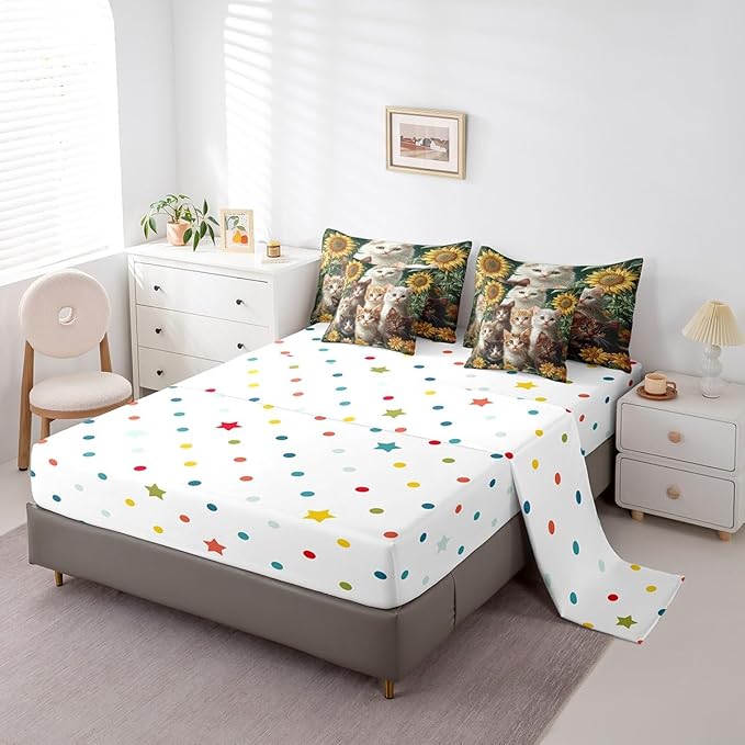 Feelyou Cute Cat Comforter Set 7 Pieces Queen Size Sunflower Bedding Set for Boys Girls Kawaii Pet Kitten Bed in a Bag with Comforter, Sheets, Pillowcases & Cushion Covers