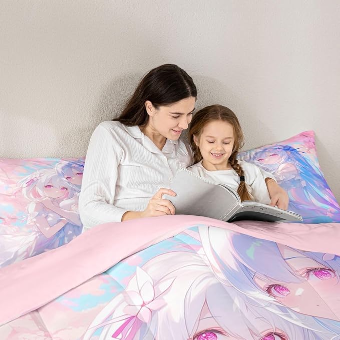 Erosebridal 3D Kawaii Girly Bedding Queen Size, Japanese Girl Comforter Set for Kids Toddler Girls Cherry Blossoms Bedding Comforter Sets, Watercolor Romance Duvet Set Happy Friendship Down Comforter
