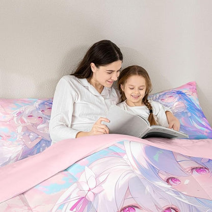 Erosebridal 3D Kawaii Girly Bedding Full Size, Japanese Girl Comforter Set for Kids Toddler Girls Cherry Blossoms Bedding Comforter Sets, Watercolor Romance Duvet Set Happy Friendship Down Comforter