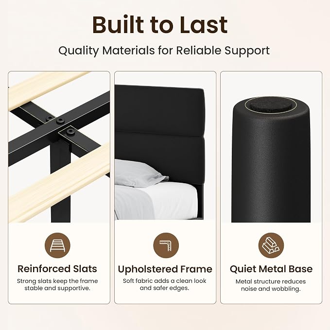 GRUSIGN Queen Size Platform Bed Frame with Velvet Headboard, Adjustable Height Wooden Slats Support, Upholstered Mattress Foundation, Fits Mattress or Mattress with Box Spring, Easy Assembly, Black
