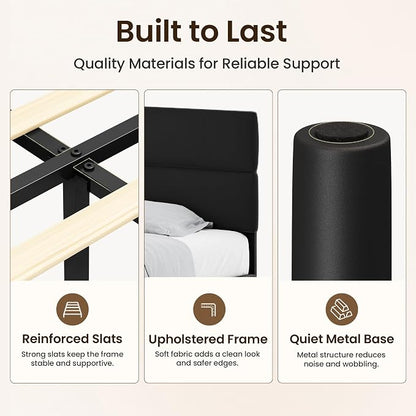GRUSIGN King Size Platform Bed Frame with Velvet Headboard, Adjustable Height Wooden Slats Support, Upholstered Mattress Foundation, Fits Mattress or Mattress with Box Spring, Easy Assembly, Black