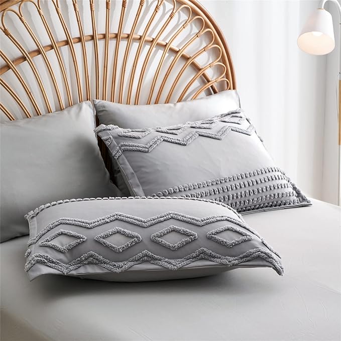 KAKIJUMN Grey Tufted Comforter Set Full Size 7 Piece Bed in a Bag, Shabby Chic Boho Comforter and Sheet Set, Pom Pom Textured Bed Set, All Season Soft Microfiber Complete Bedding Set(Grey,Full)