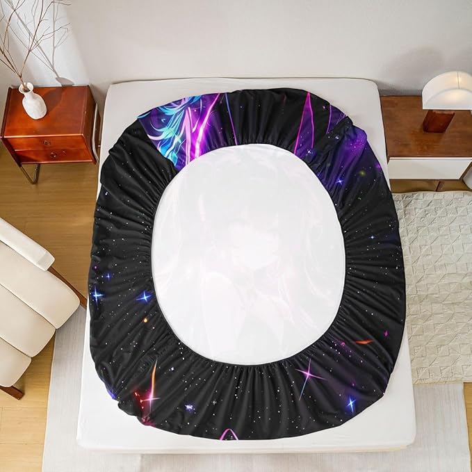 Erosebridal Cute Bunny Girls Queen Bed Sheets Japanese Anime Girl Fitted Sheet,Cartoon 3D Kids Bedding Sets Magical Neon Stars Sheets with 2 Pillowcases