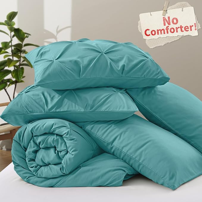 VACVELT 5 Piece Pinch Pleated Duvet Cover King Size Set, Teal Pintuck Duvet Cover with Zipper & 8 Ties, Shabby Chic Microfiber Duvet Cover + 2 Pillow Shams + 2 Pillowcases, No Comforter