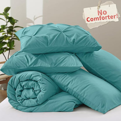 VACVELT 5 Piece Pinch Pleated Duvet Cover King Size Set, Teal Pintuck Duvet Cover with Zipper & 8 Ties, Shabby Chic Microfiber Duvet Cover + 2 Pillow Shams + 2 Pillowcases, No Comforter