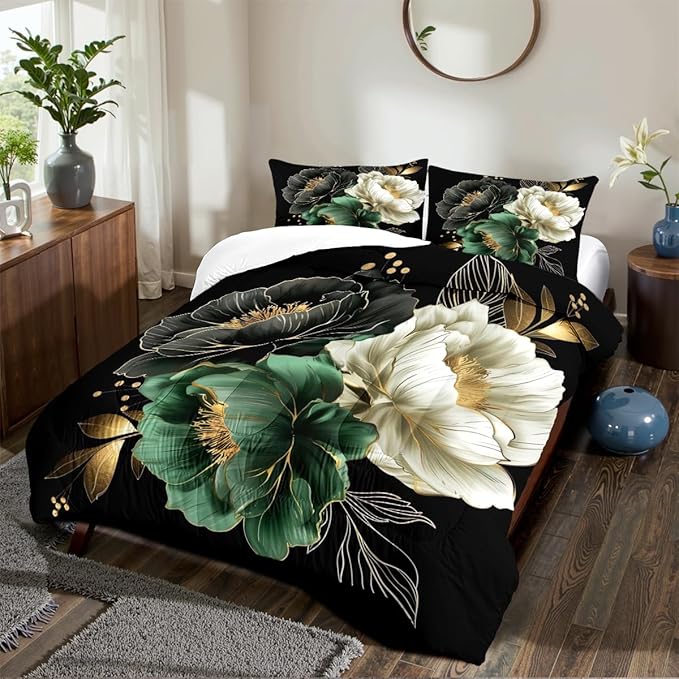 Floral Comforter Set Full 3Pcs Black and Green Retro Flower Bedding Set Vintage Aesthetic Elegant Botanical Flowers Bedding Ultra Soft Lightweight Comforter Sets for All Season