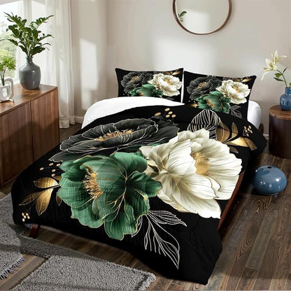 Floral Comforter Set Queen 3Pcs Black and Green Retro Flower Bedding Set Vintage Aesthetic Elegant Botanical Flowers Bedding Ultra Soft Lightweight Comforter Sets for All Season