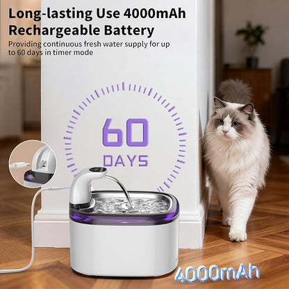 Cat Water Fountain Cordless 118oz/3.5L Wireless & Battery Operated Pet Water Fountain for Indoor Cats, Stainless Steel Tray with Sensor & Timer Modes, Ultra-Quiet, BPA-Free (Cat Fountain+2Filters)