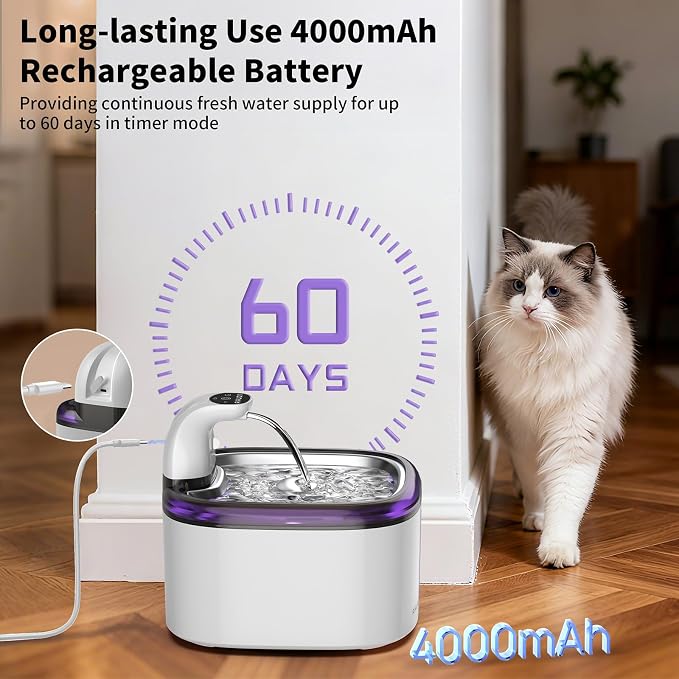 Cat Water Fountain Cordless 118oz/3.5L Wireless & Battery Operated Pet Water Fountain for Indoor Cats, Stainless Steel Tray with Sensor & Timer Modes, Ultra-Quiet, BPA-Free (Cat Fountain+8Filters)