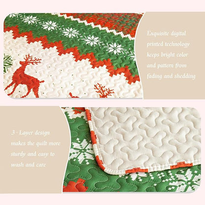 Whale Flotilla Christmas Quilts Queen Size, Soft Boho Floral Bedspreads for Bed Reversible Lightweight Full Queen Quilt Bedding Set Coverlets with 2 Pillow Shams for All Seasons, Happy Snowflake